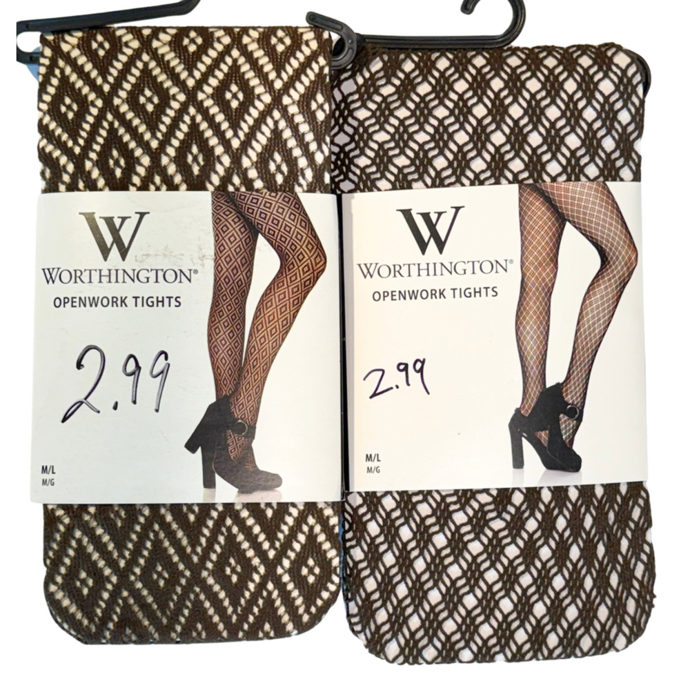2 Pkgs Worthington Openwork Diamond Fishnet Tights Brown Sz M/L New